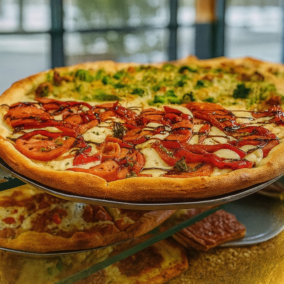 Two Cibo pizzas on a stand, one with tomatoes and balsamic glaze, the other with green toppings.