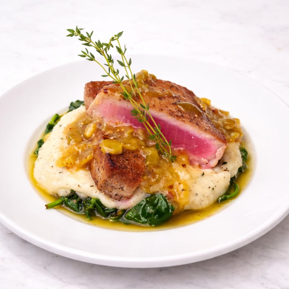 Seared tuna steak with a pink center, topped with relish and thyme, served over mashed potatoes and spinach.