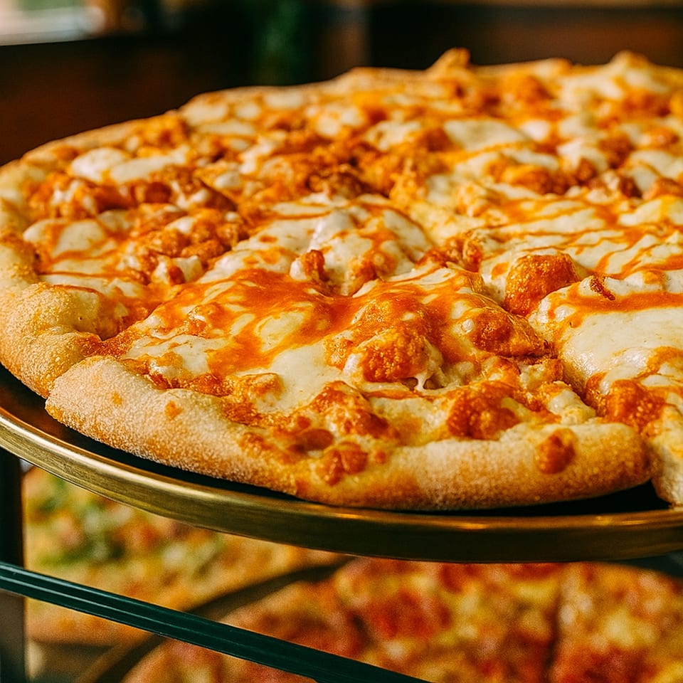 A close-up of a Cibo pizza with melted cheese and orange sauce, on a golden serving tray.