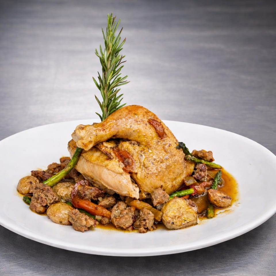 Roasted chicken with potatoes, asparagus, and sausage, garnished with a rosemary sprig.