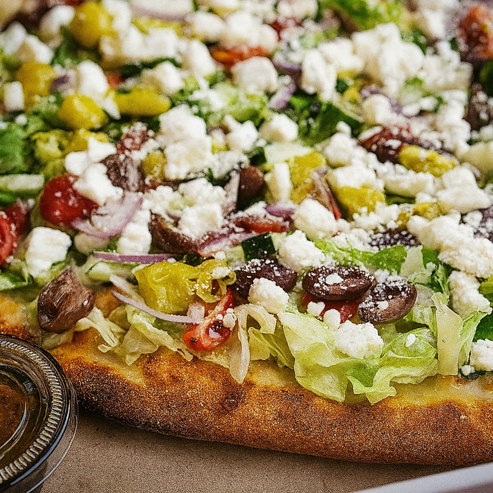 Cibo's Greek pizza, topped with fresh lettuce, feta, olives, tomatoes, and peppers.