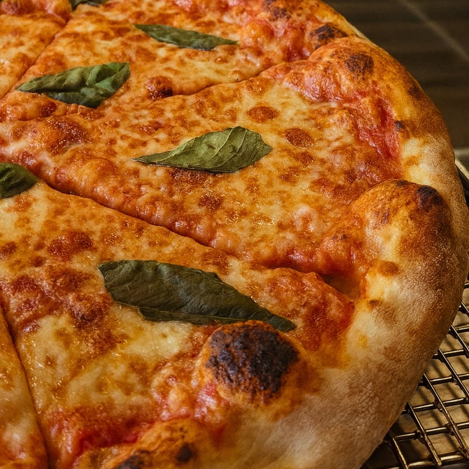 Close-up of a Cibo pizza, with melted cheese, tomato sauce, and fresh basil leaves.
