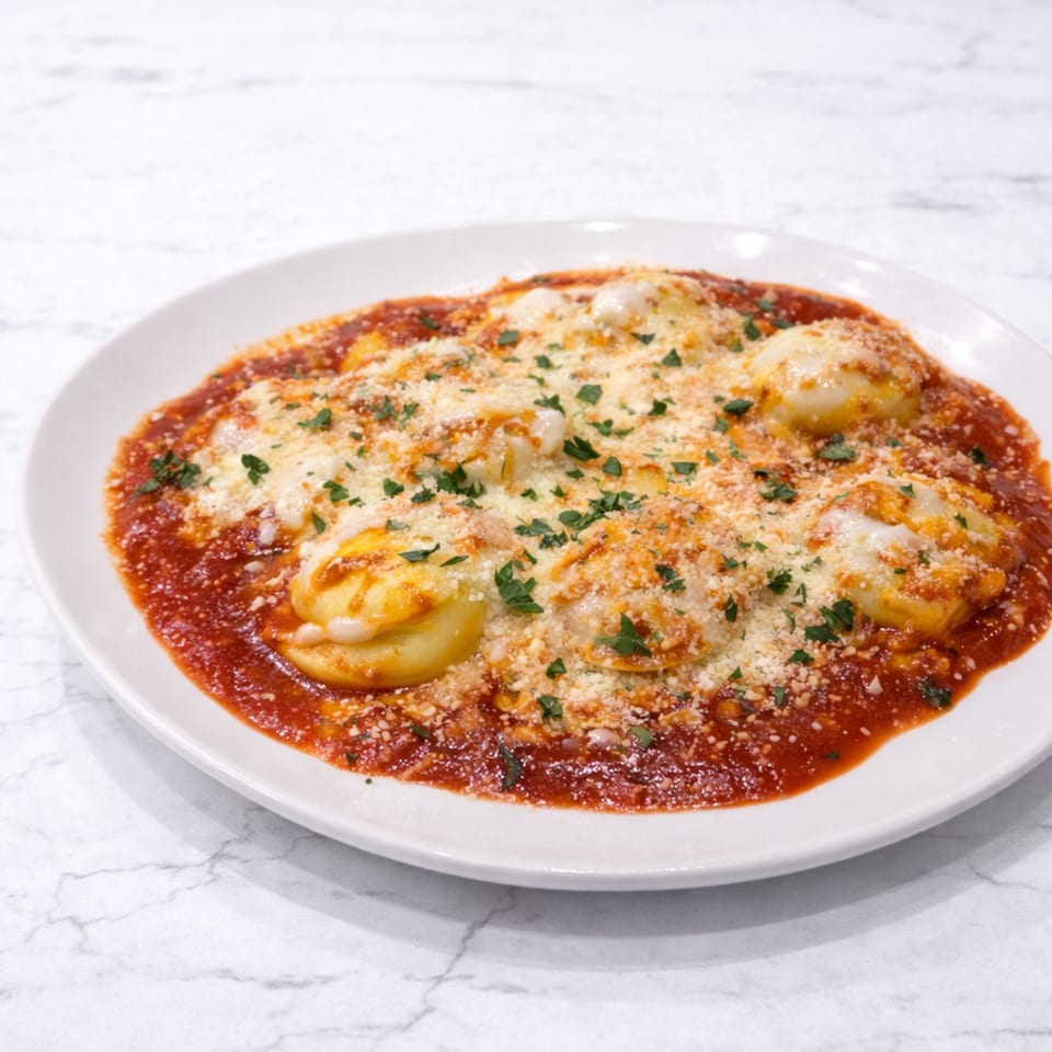 Cibo's baked ravioli in red sauce, topped with melted cheese and fresh parsley.