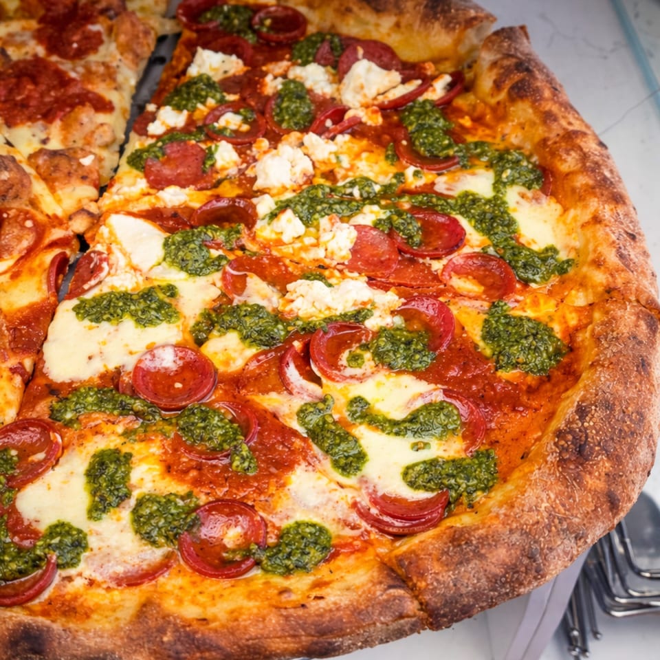 Cibo's pepperoni pizza with pesto and ricotta cheese, with a golden-brown crust.