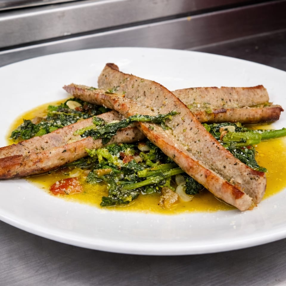 Cibo's grilled Italian sausage with broccoli rabe, garlic, and olive oil on a white plate.