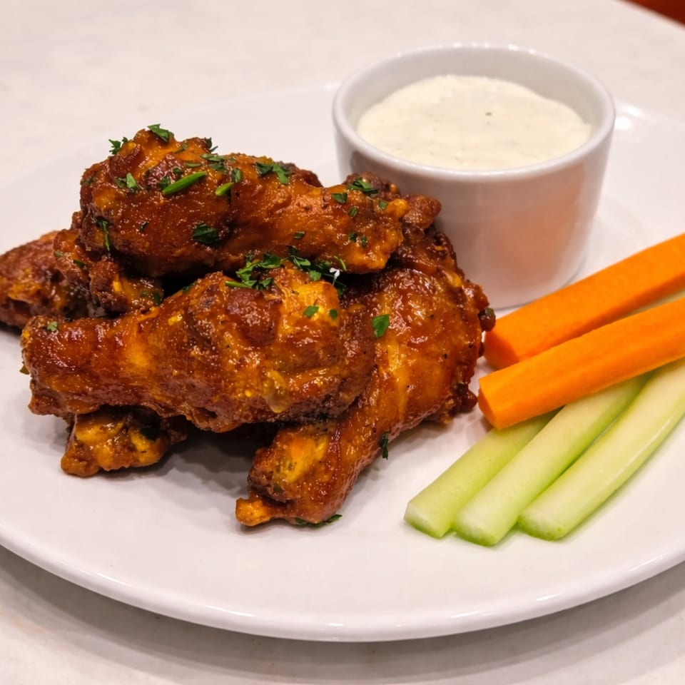 Cibo's chicken wings with ranch dressing, carrot sticks, and celery on a white plate.