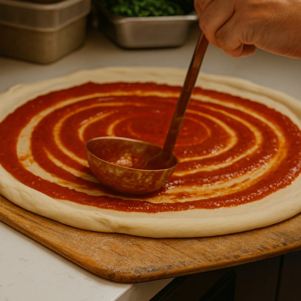 A hand uses a ladle to spread red sauce in concentric circles on raw Cibo pizza dough.