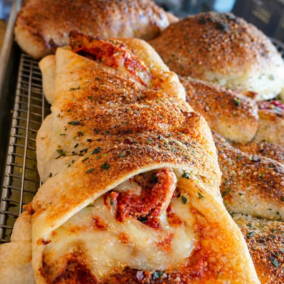 Close-up of a Cibo calzone with melted cheese and marinara sauce, topped with herbs and spices.