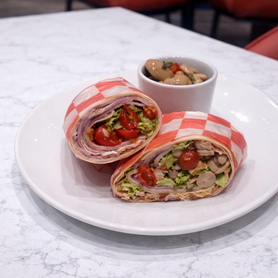 Two halves of a wrap filled with ham, lettuce, and cherry tomatoes, served with a side of mushrooms.