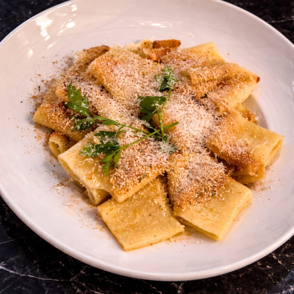 Close-up of pasta dish with large, flat noodles, grated cheese, and parsley on a white plate.