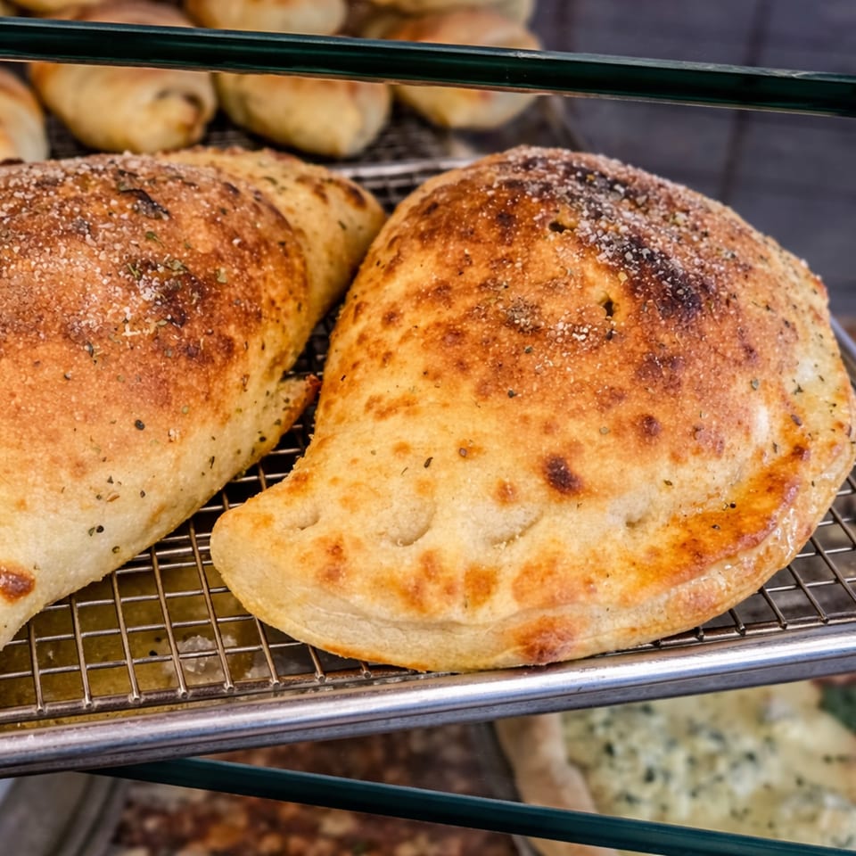 Two golden-brown calzones, sprinkled with herbs and salt, rest on a metal cooling rack.