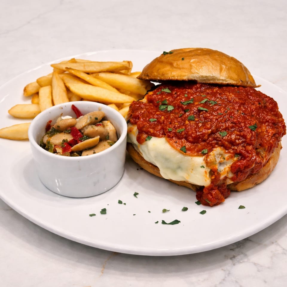 A Cibo meatball sandwich with melted cheese and marinara, served with fries and marinated mushrooms.