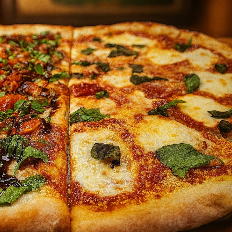 Close-up of a Cibo pizza, half with basil and cheese, half with a darker, richer topping.