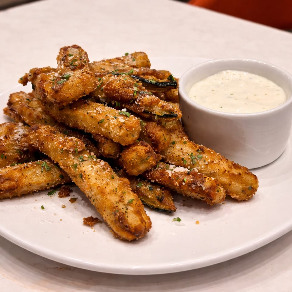Crispy fried zucchini sticks, seasoned with herbs and parmesan, served with a creamy dipping sauce.