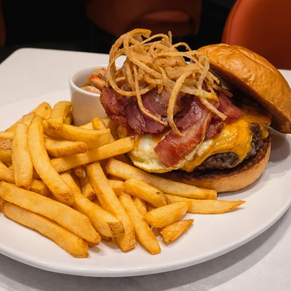 A burger with bacon, cheese, fried egg, and crispy onions, served with fries and mushrooms.