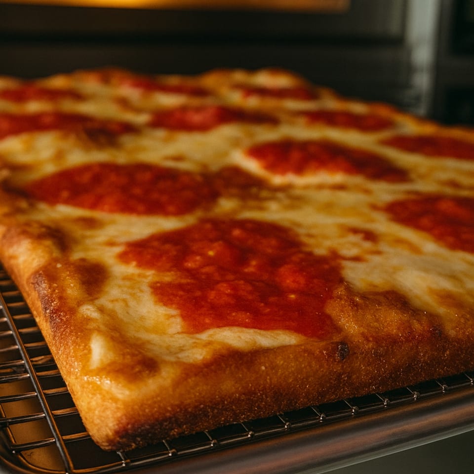 A rectangular Cibo pizza with thick crust, melted cheese, and dollops of red sauce.