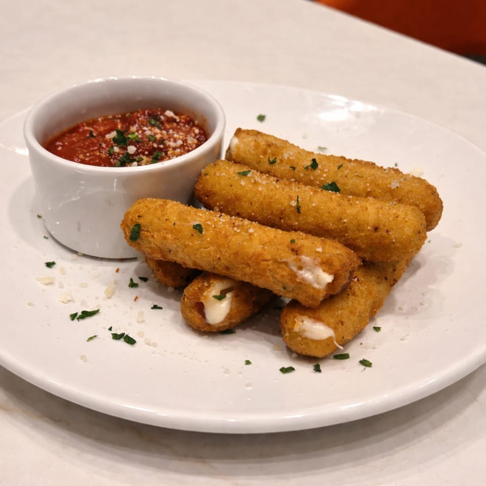 Cibo's golden-brown mozzarella sticks with melted cheese and a side of marinara sauce.