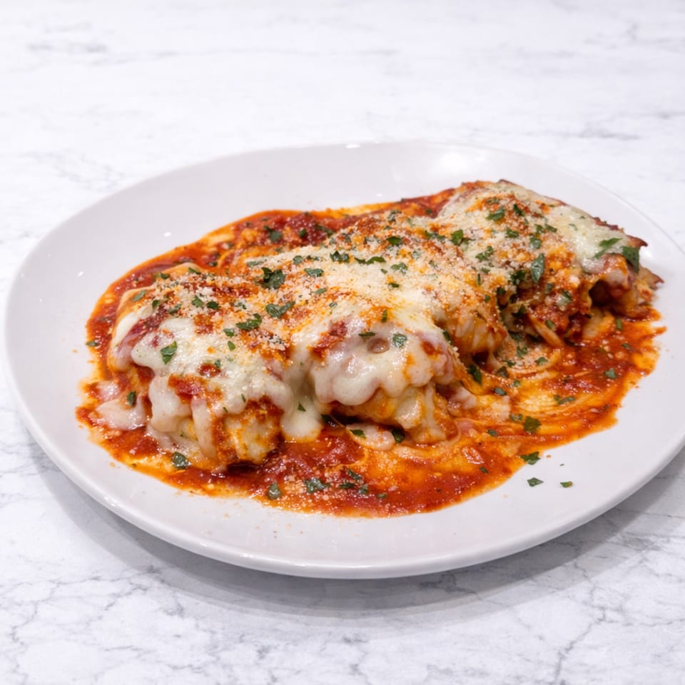 Baked pasta dish with melted cheese, red sauce, and parsley on a white plate.