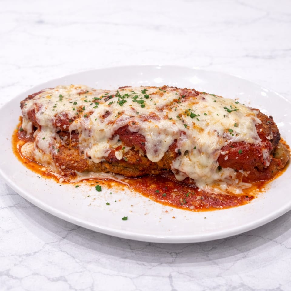 Cibo's chicken parmesan, a breaded chicken cutlet topped with melted cheese and marinara sauce.