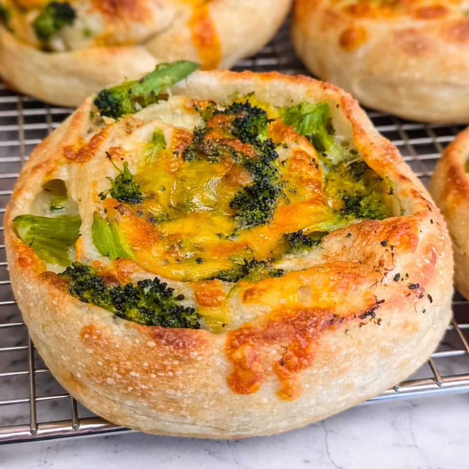 Cibo's mini pizza with broccoli and melted cheese on a cooling rack.