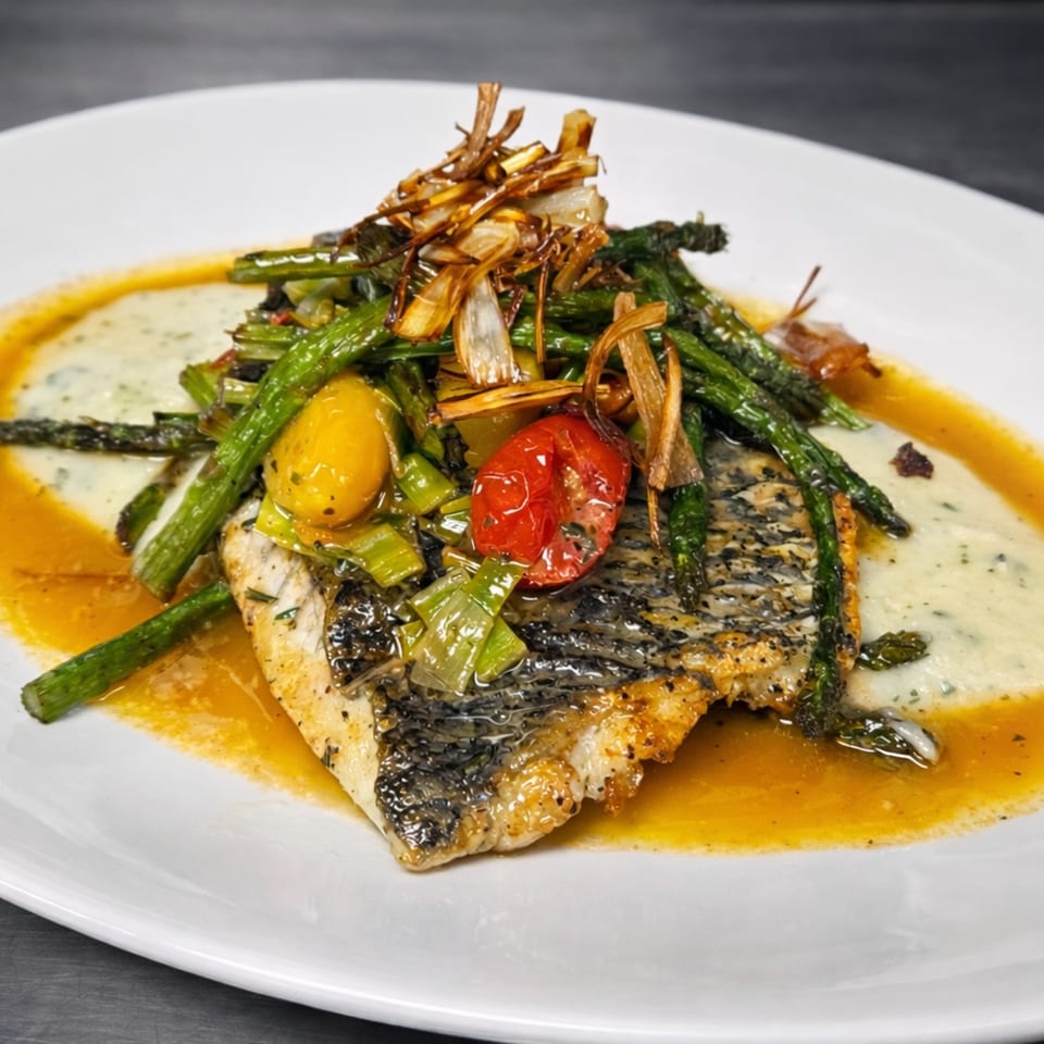 Pan-seared fish with crispy skin, asparagus, tomatoes, and fried onions on a white plate.