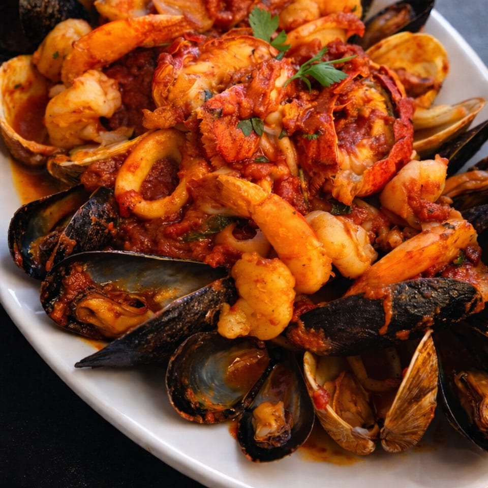 Seafood dish with lobster, shrimp, mussels, clams, and calamari in a rich red sauce.