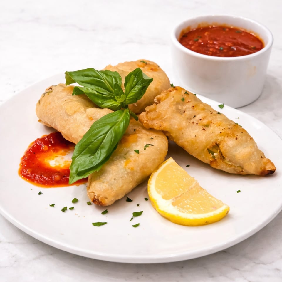 Four golden-fried Cibo calzones with fresh basil, a lemon wedge, and marinara sauce on a white plate.