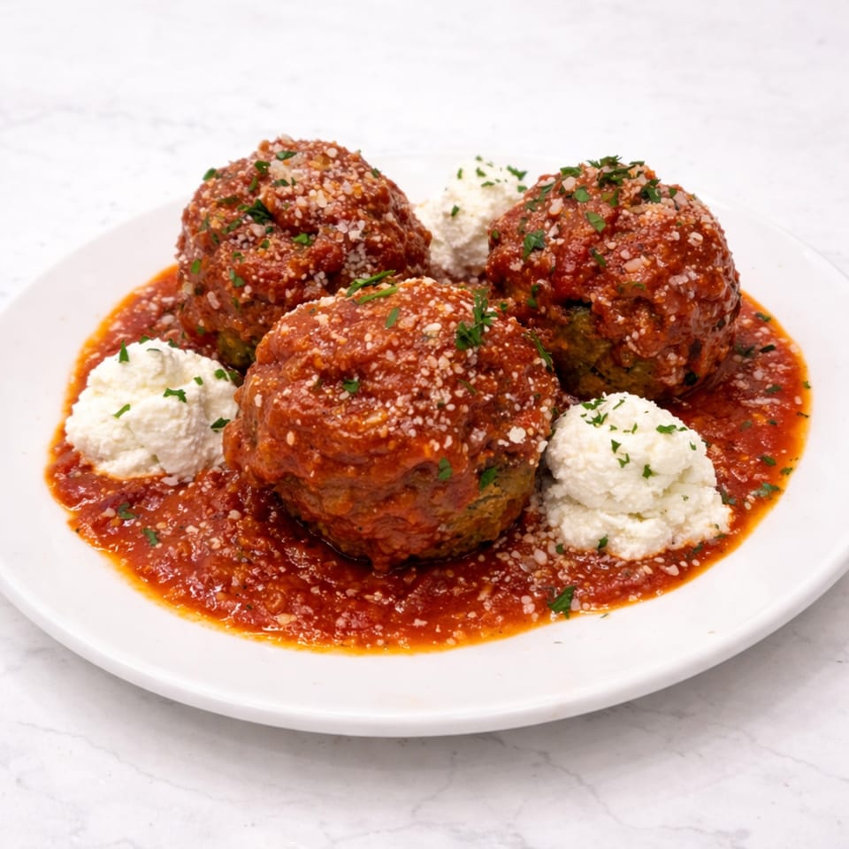 Four large Cibo meatballs in red sauce with dollops of ricotta cheese and parsley on a white plate.