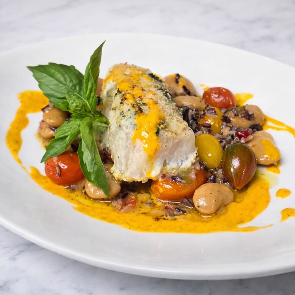 Cibo's baked cod with cherry tomatoes, beans, wild rice, and a vibrant yellow sauce.