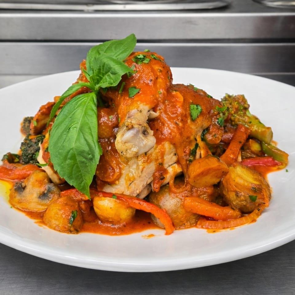 Chicken cacciatore with vegetables and potatoes, garnished with fresh basil on a white plate.