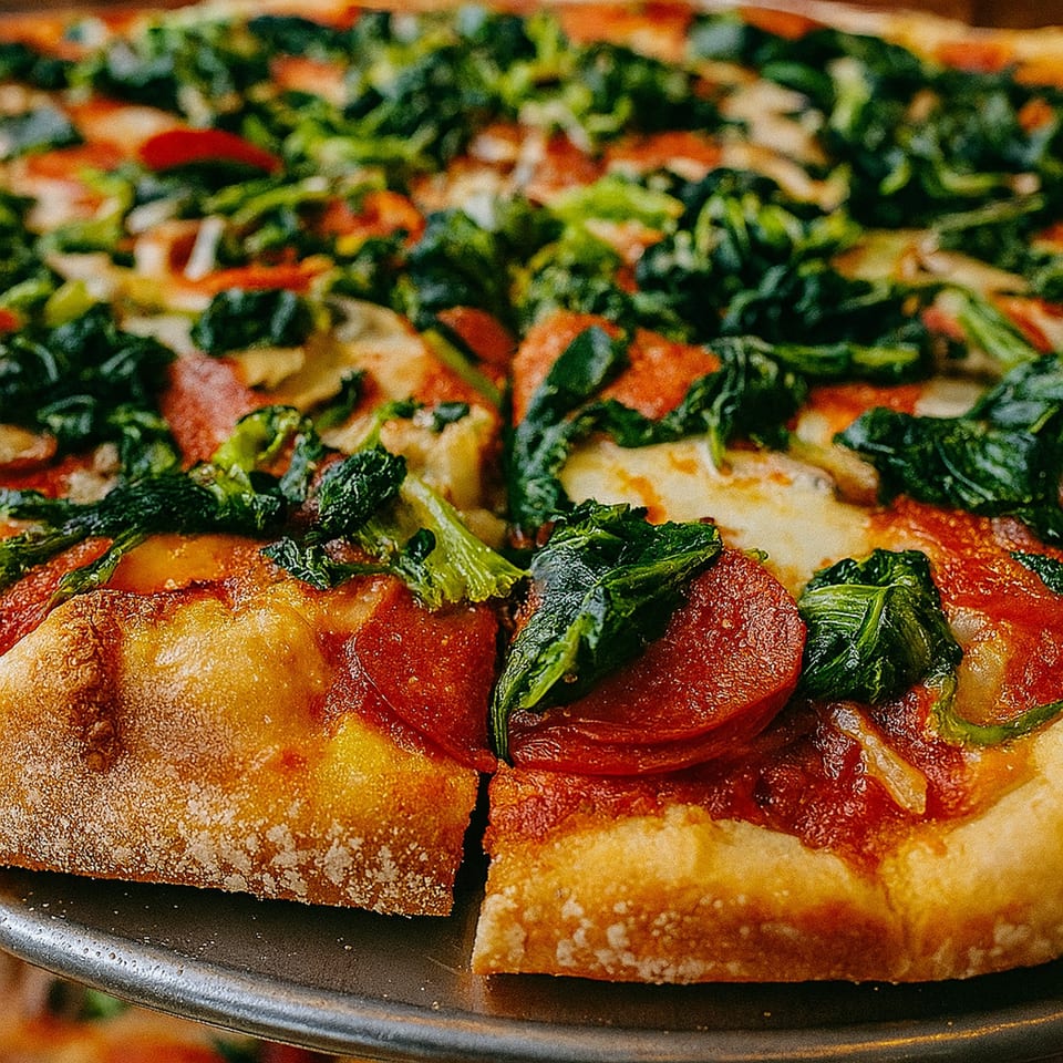 Close-up of a Cibo pizza with pepperoni, spinach, and mushrooms on a metal tray.